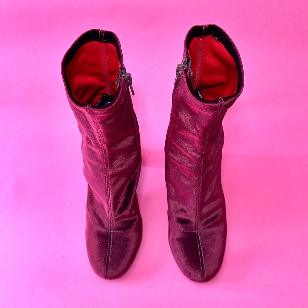 Velvet Block Heel Ankle Boots in Deep Burgundy - Picture 3 of 7